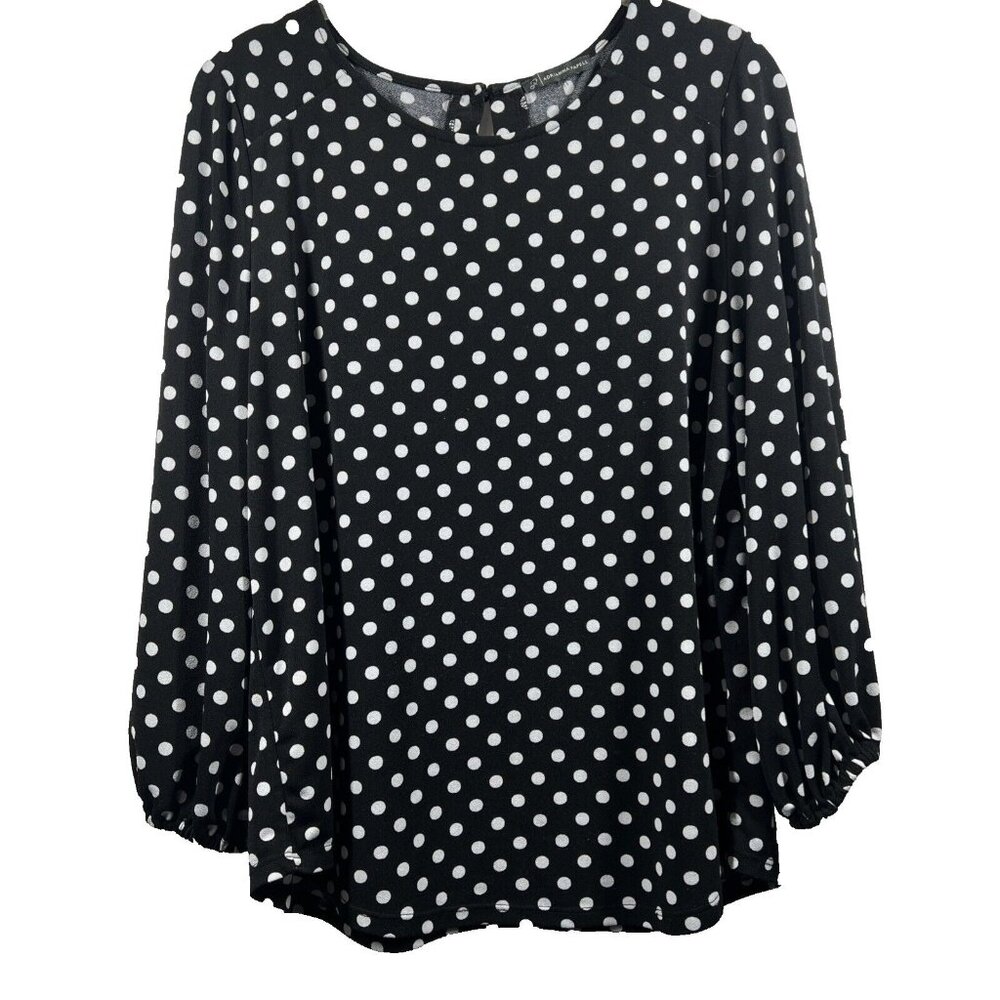 Adrianna Papell Women's Blouse Large Black White Polkadot. Puff Cuff Sleeves‎